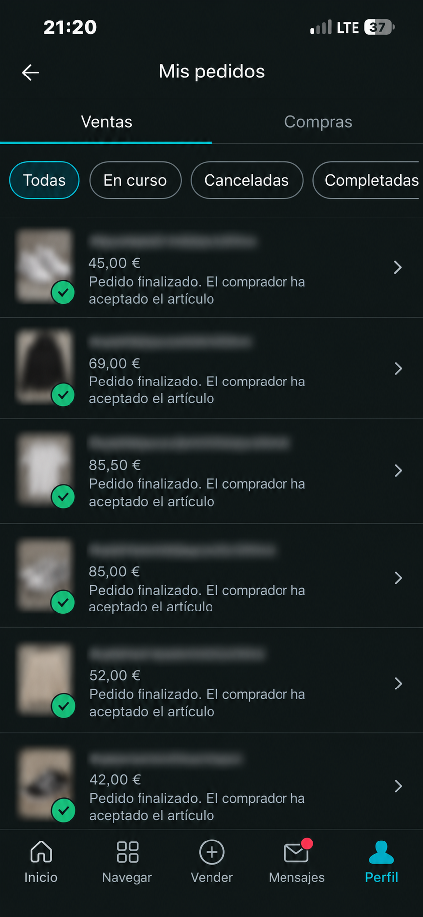 Pedidos finalizados en Vinted
